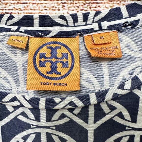 Tory Burch Silk Long Sleeve Top Women’s M Navy White Geometric Print Lightweight - Picture 7 of 11
